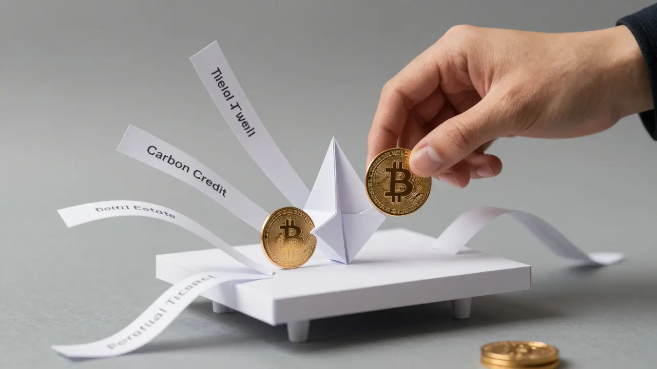 A hand placing folded collateral assets onto a paper-based derivatives trading platform with price feed ribbons.