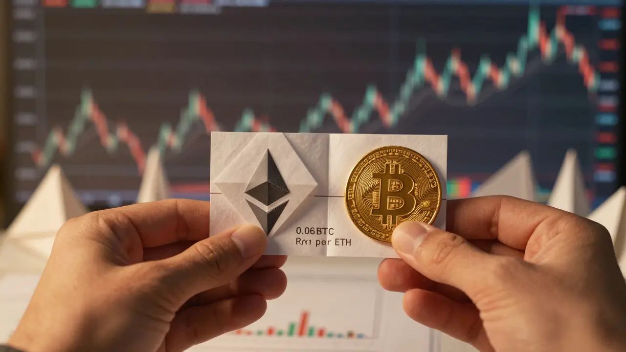 A hand unfolding an origami ETH/BTC trading pair, with precise paper folds showing price ratio and calm lighting.