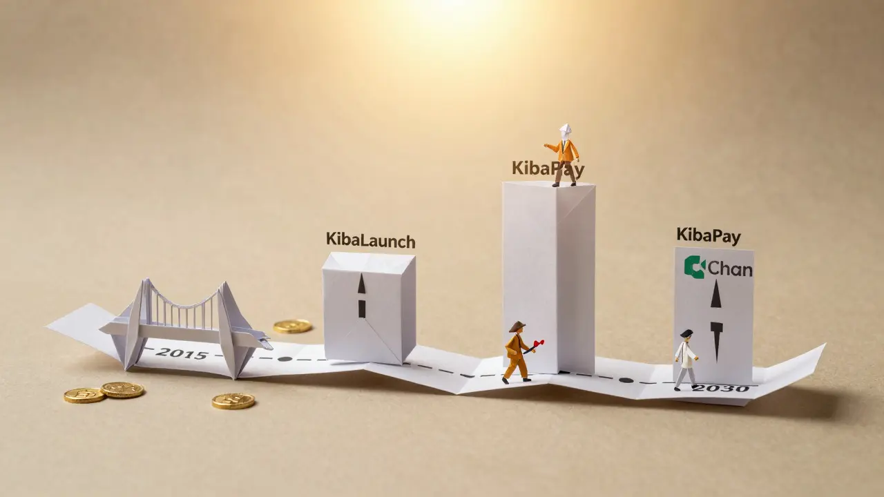 A layered origami roadmap unfolding from KibaBridge to KibaChain, with tiny figures advancing along the path.