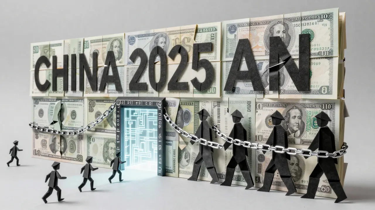 A massive origami wall labeled 'CHINA 2025 BAN' with fragmented blockchain chains and fleeing figures.