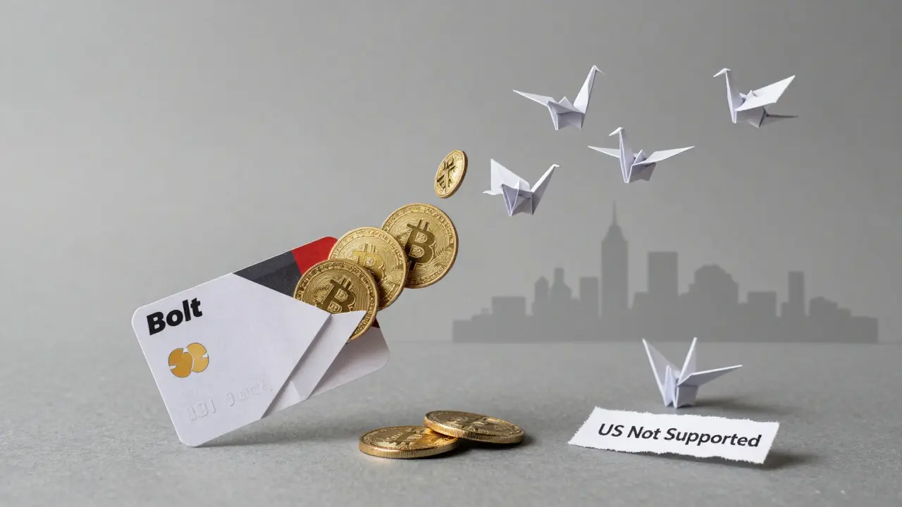 A Mastercard turning into paper cranes, with a 'US Not Supported' label on the floor.