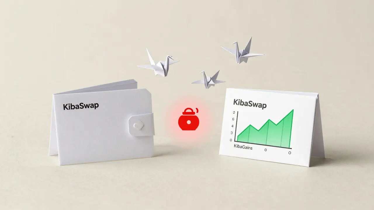 A paper-based KibaSwap interface with origami wallets and a glowing honeypot checker, set on parchment texture.