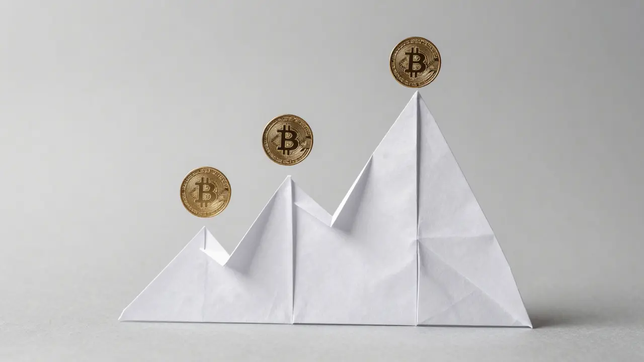 A paper Bitcoin price chart folding downward with three smaller coins detaching at layered stop-loss points.