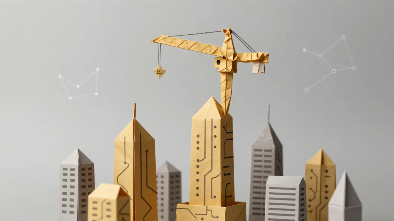 A paper crane flying over blockchain towers made of folded circuits, with a floating proof.