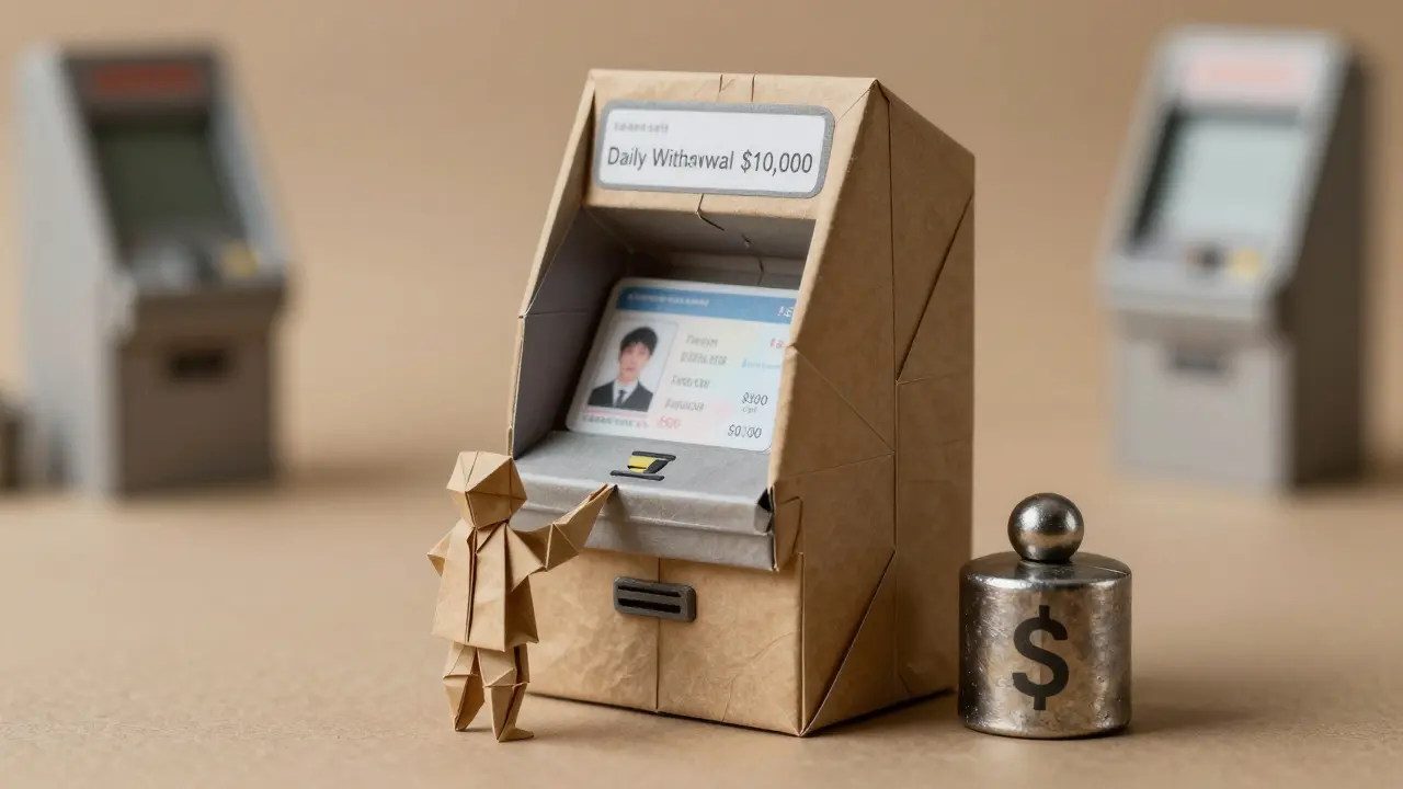 A paper crypto ATM with a user ID and ,000 bond weight, surrounded by ATM outlines.