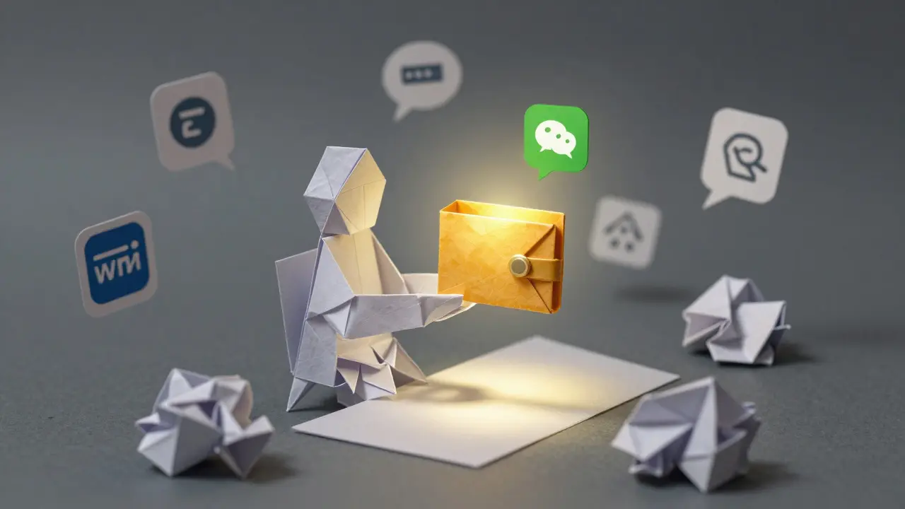 A paper figure surrounded by broken crypto apps, with a glowing digital yuan wallet above their hands.