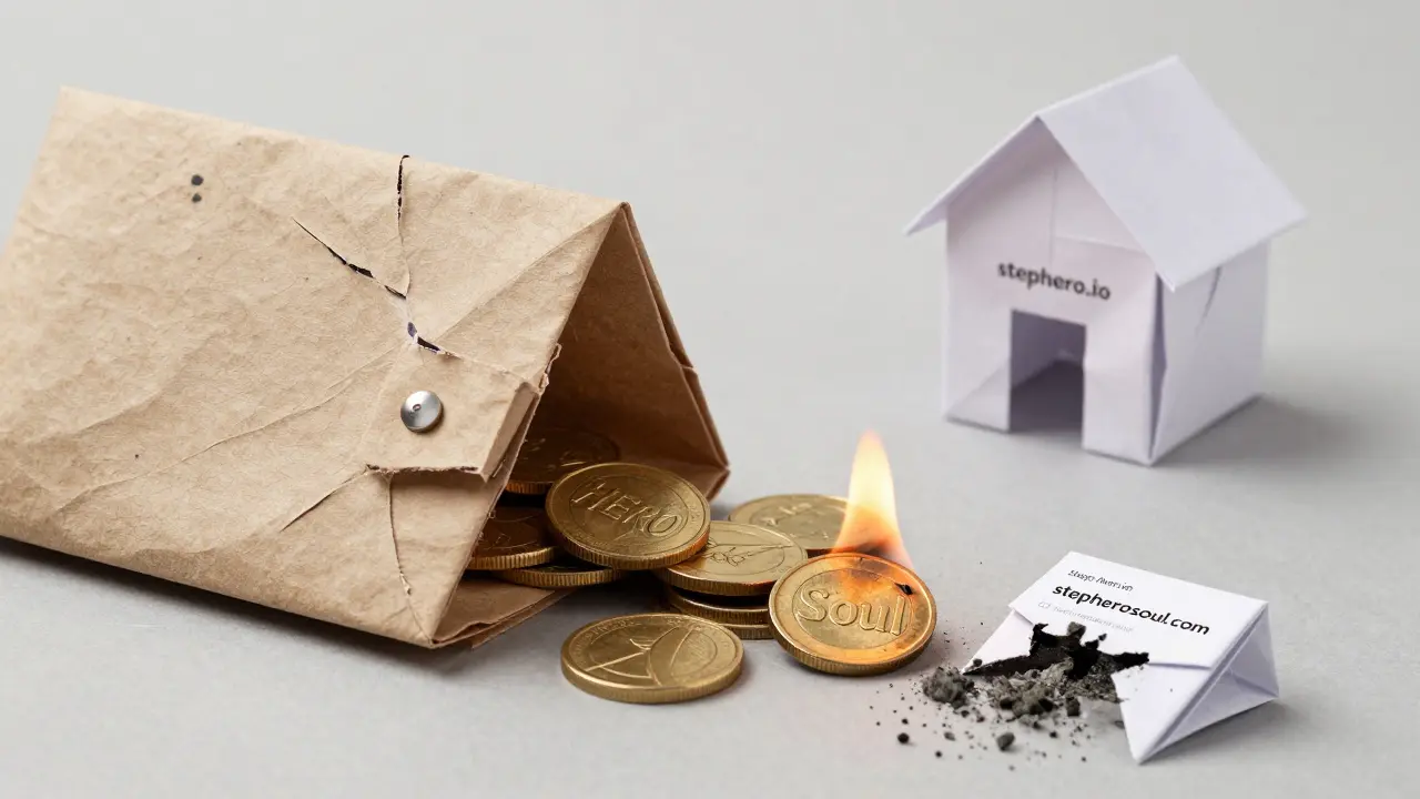 A paper wallet spills coins; one 'Soul' coin burns as a legitimate website folds into a stable house.
