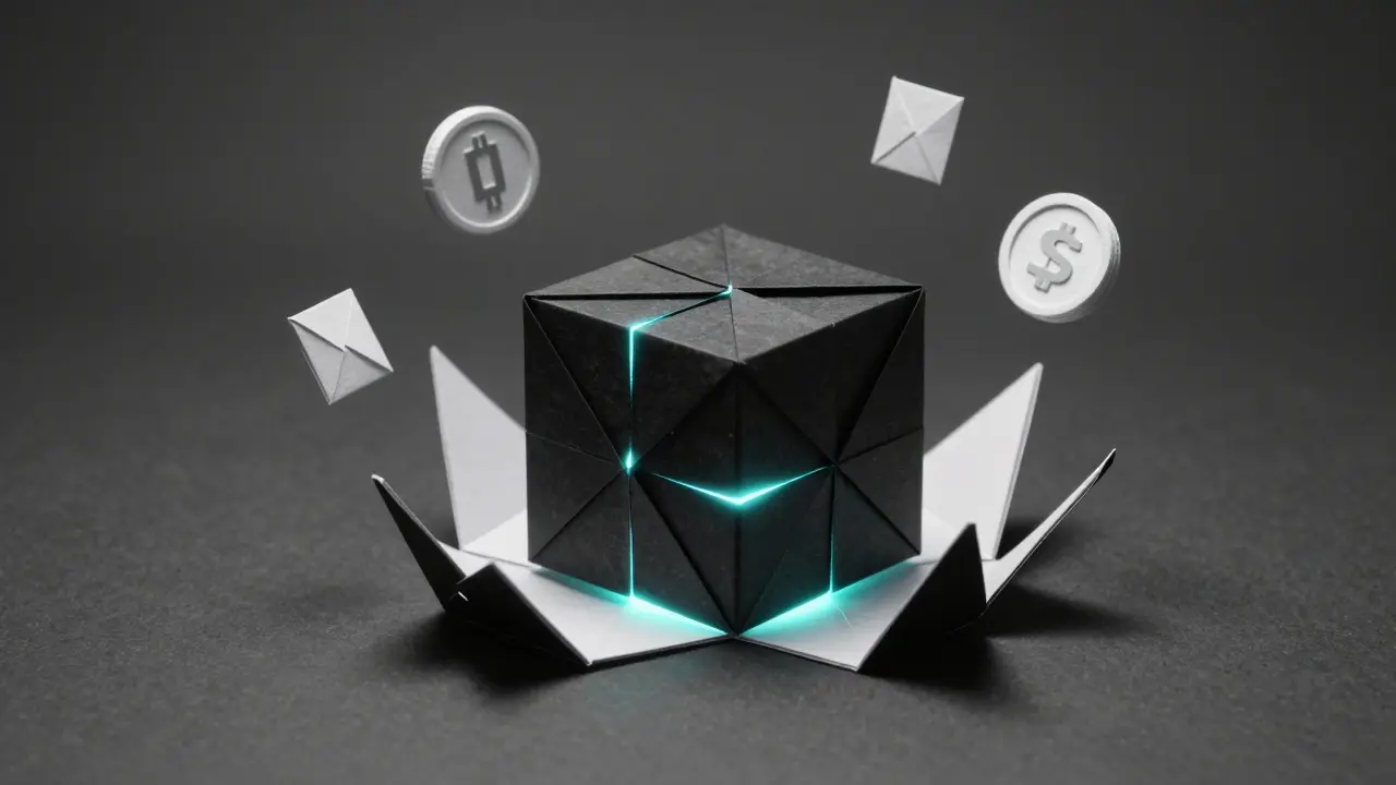 A sealed origami oracle cube deflecting chaotic paper spikes, with stablecoin tokens floating nearby in calm precision.