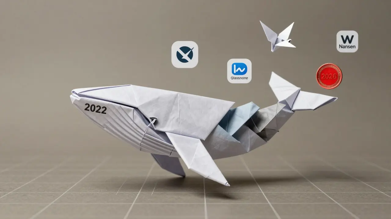 A transforming origami whale from 2022 to 2026, breaking into layers amid digital grid and floating tool icons.