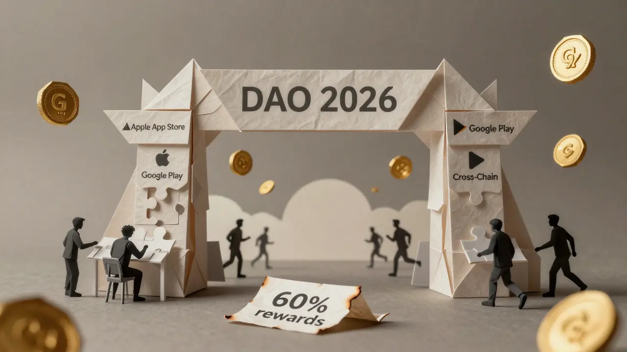 An origami gate labeled DAO 2026 opens to show gamers playing, while a burned note reads '60% rewards'.