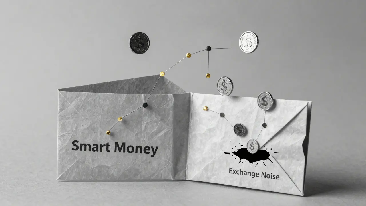 An origami wallet unfolding into coins, some rising toward a price chart while others fall into noise.