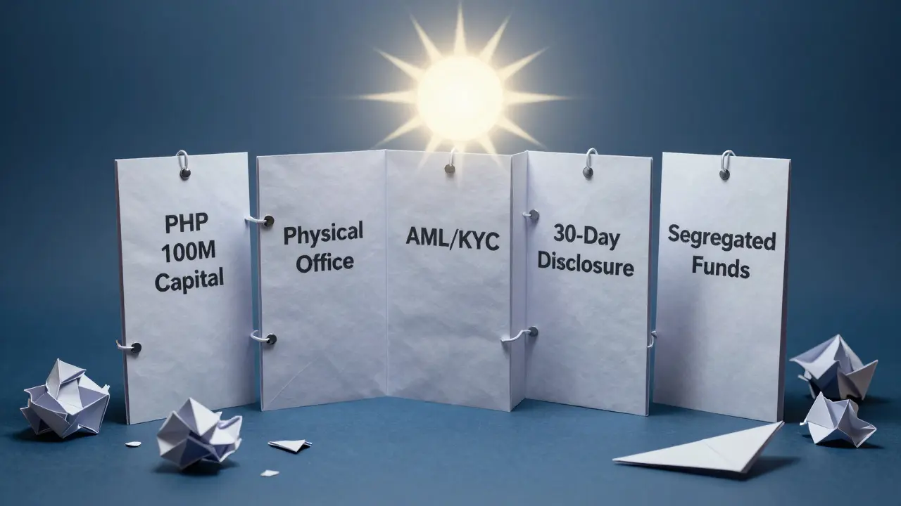 Five folded regulatory requirements locked in place, with failed unlicensed exchanges broken below.