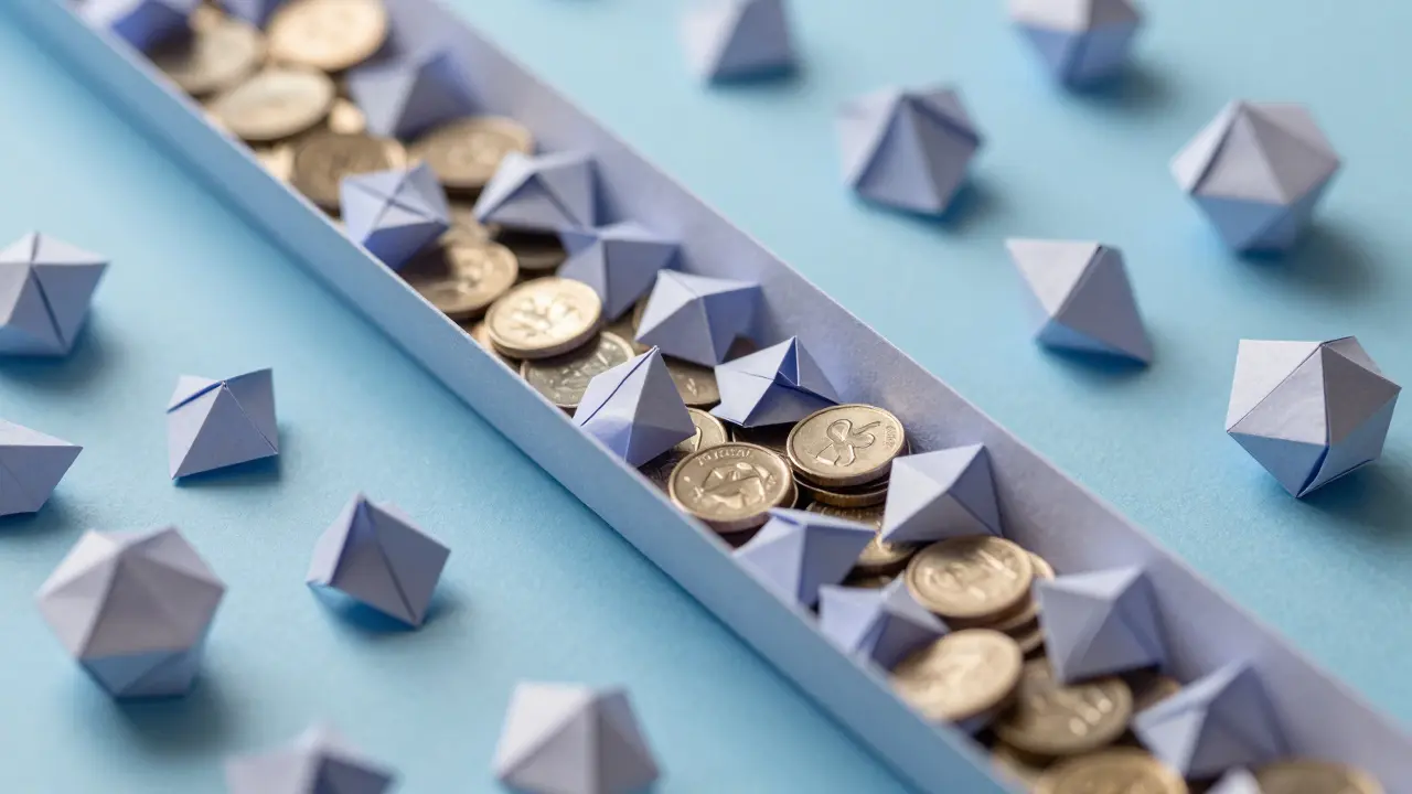 Folded paper coins neatly packed in a narrow origami trough.