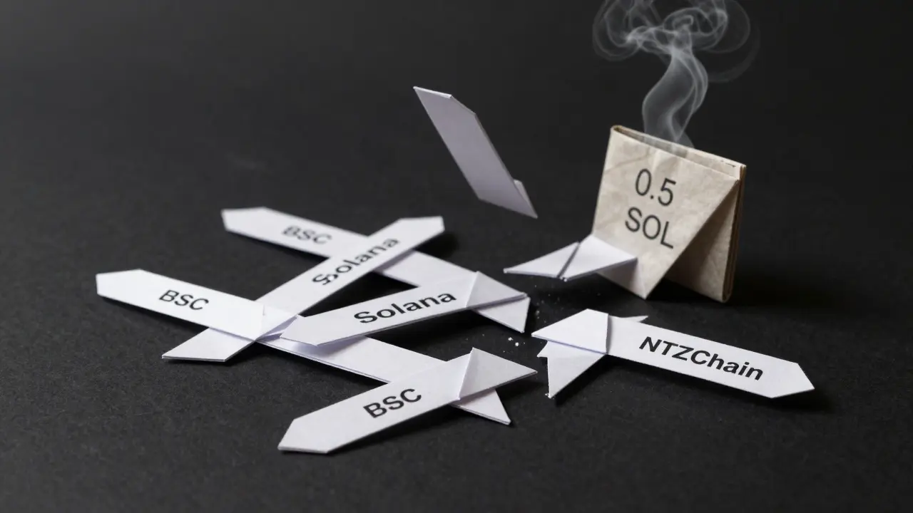 Fragile origami blockchain strips breaking apart, with a paper wallet vanishing into smoke.