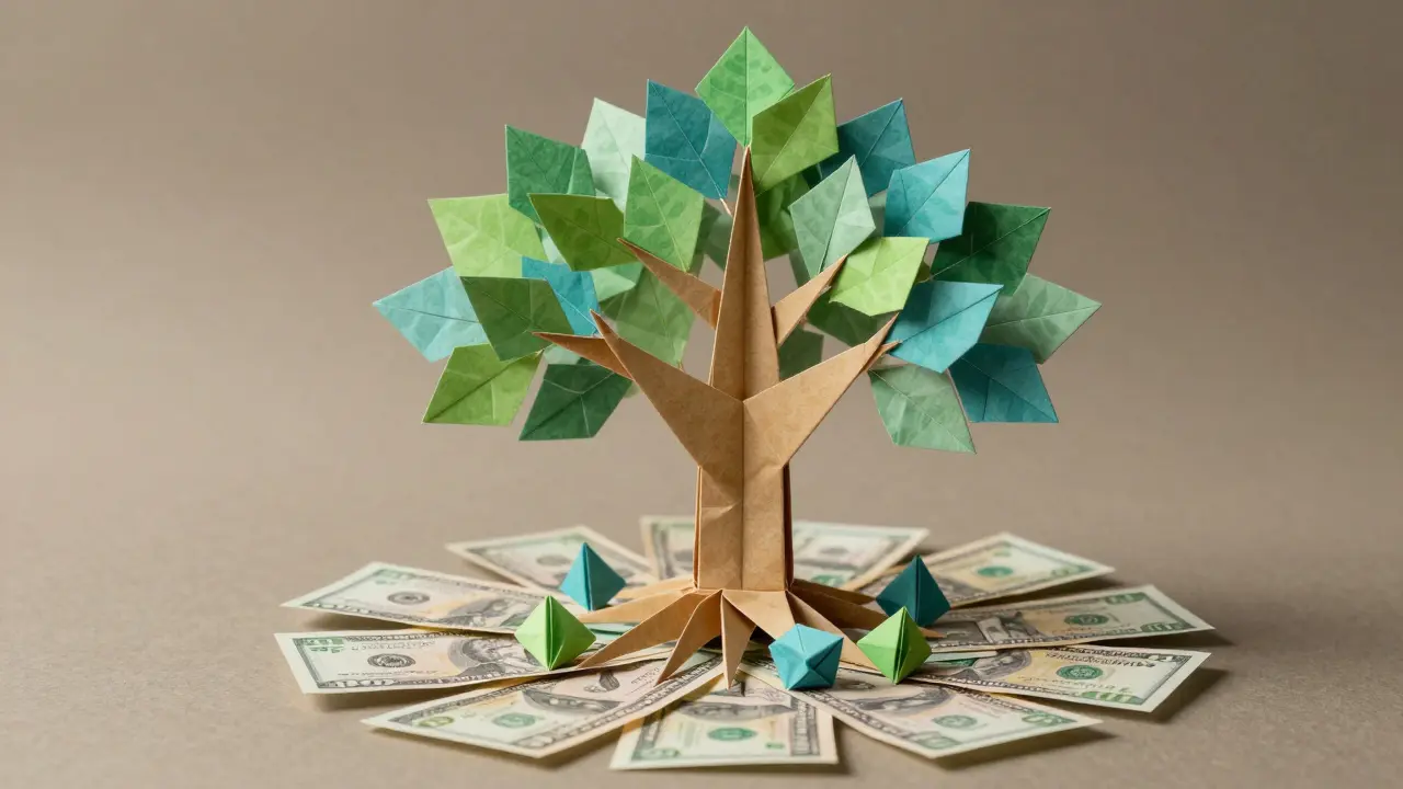 Geometric paper tree with leaf tokens showing growth