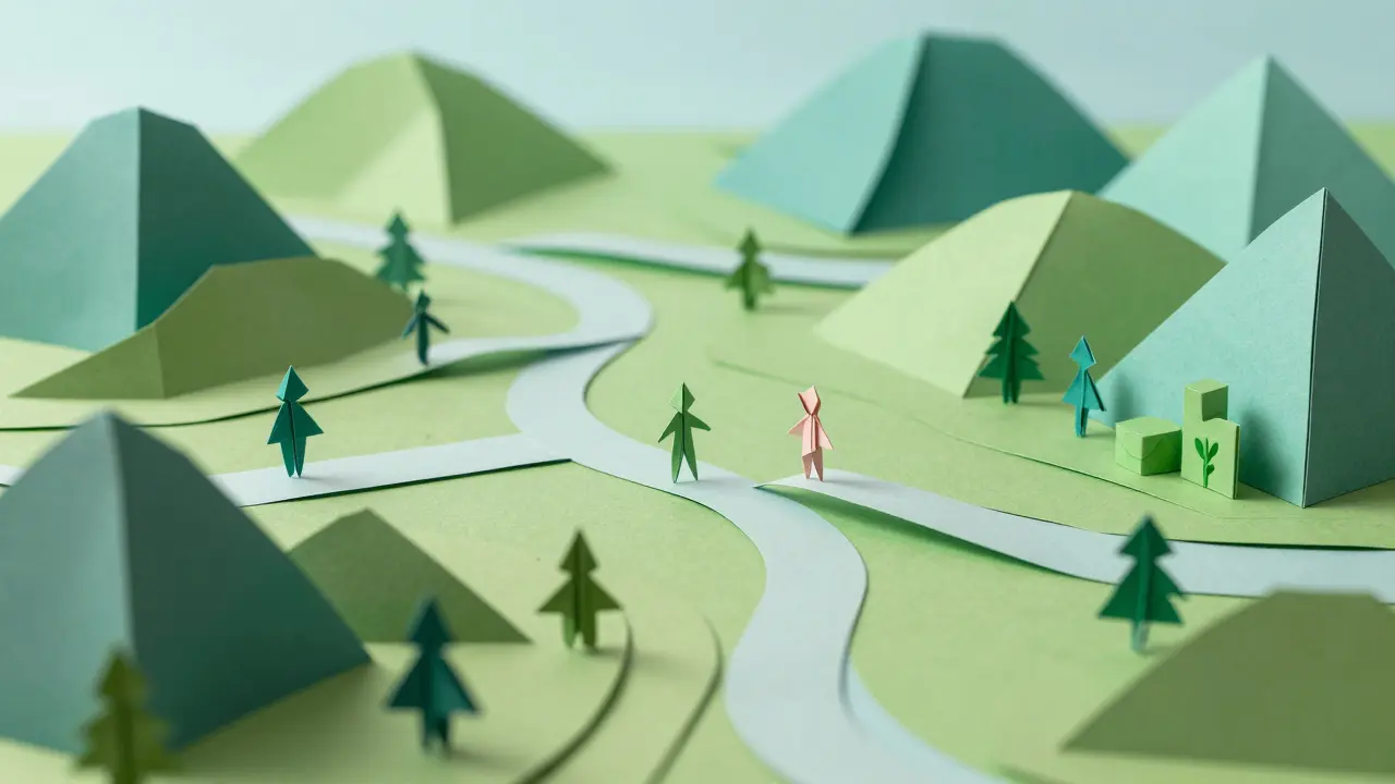 Green and blue origami landscape with connecting paper bridges.