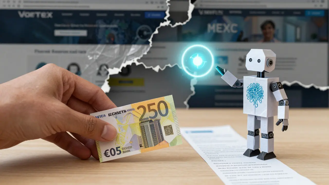 Hand placing a paper wallet beside a signal-emitting robot, with fake websites torn in background