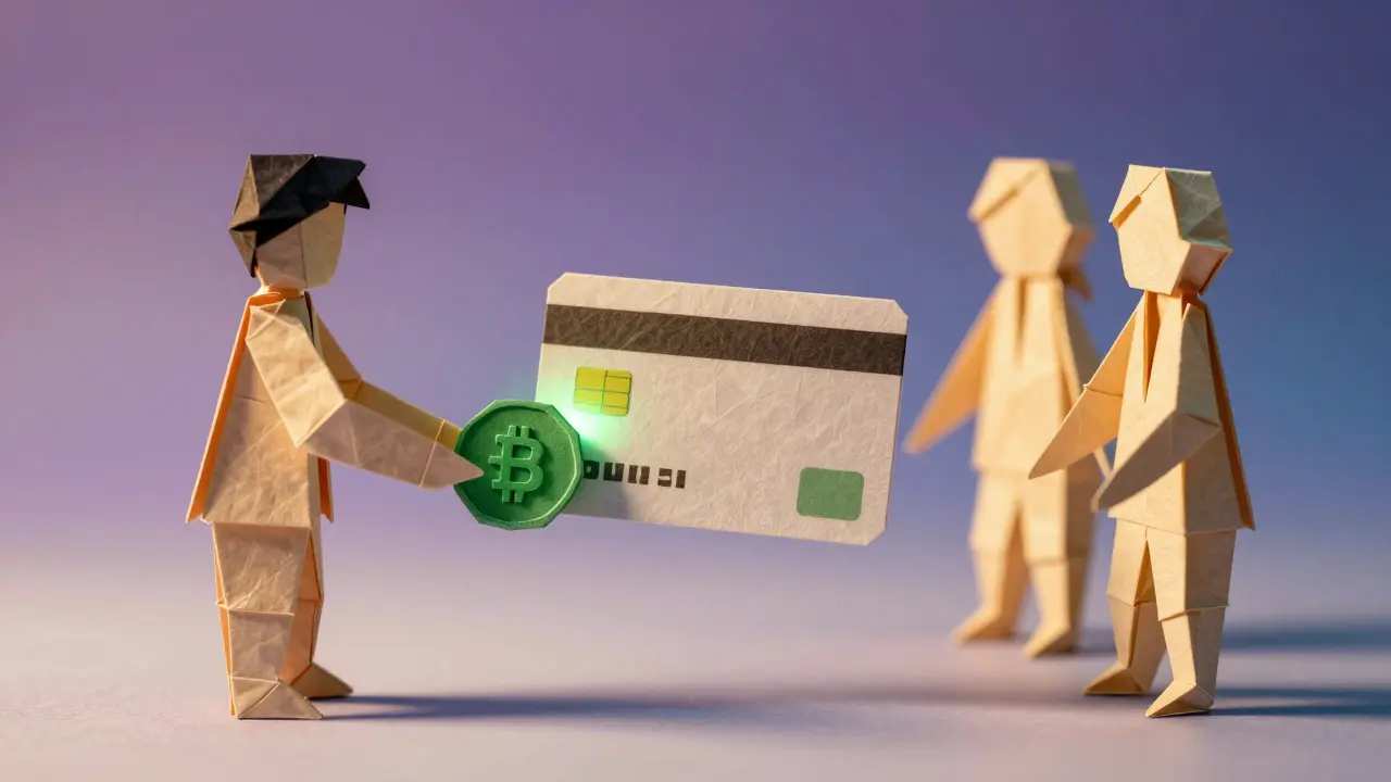 Origami figures exchanging payments with stylized crypto credit card