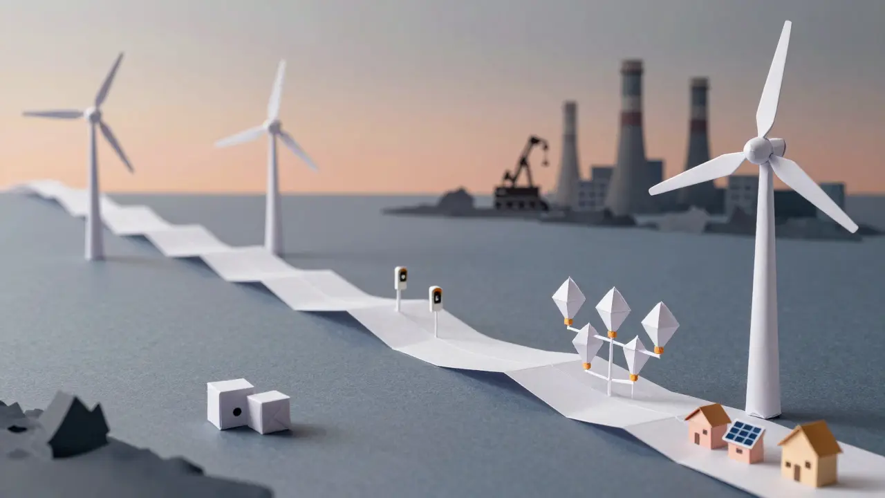 Origami HVDC line connecting wind and coal regions, smart meters and microgrids glowing as mining rigs fade away.