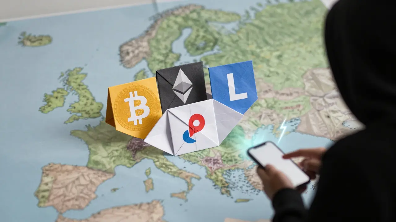 Origami icons of four cryptocurrencies arranged on a European map with a Lightning bolt beneath.