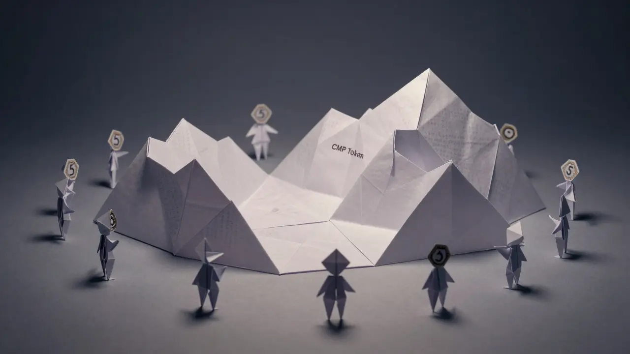 Origami metaverse landscape with 12,500 tiny figures each holding a 5-token fragment under twilight glow.