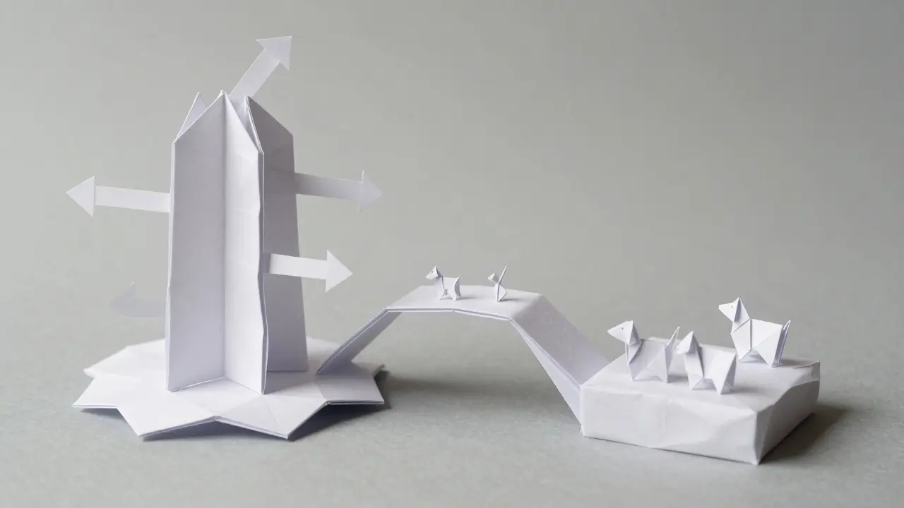 Origami paper ecosystem featuring Kibaswap, KibaBridge, and Shibas NFTs, all crafted from folded white paper with geometric precision.