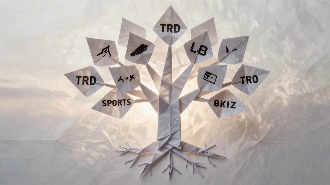 Origami tree with TRD token roots and prediction market leaves under dawn light.