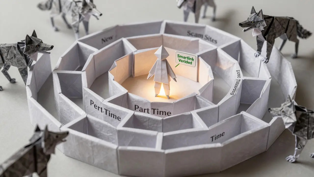 Paper labyrinth with trader types leading to a Safe Signal figure under Smartlink badge
