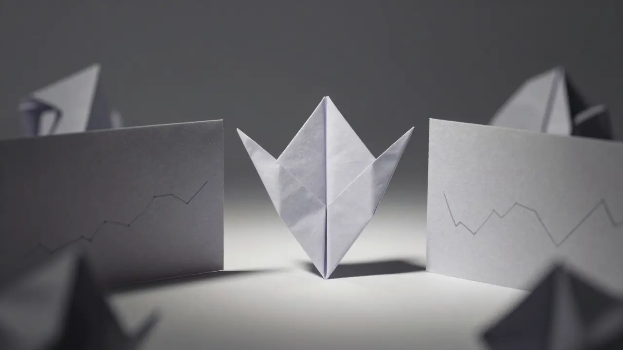 Paper token guarded by origami walls against shadowy surroundings.