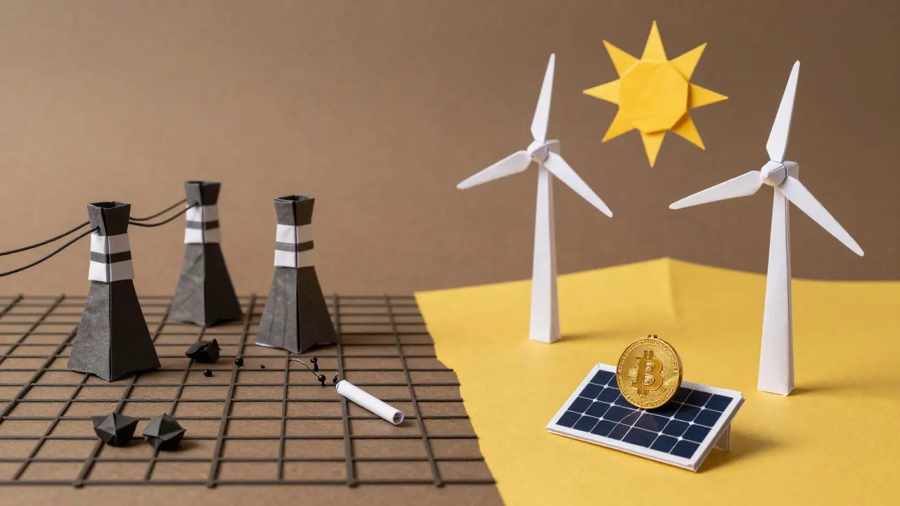 Split origami landscape: decaying grid vs. wind farm, with isolated miner on private solar panel.
