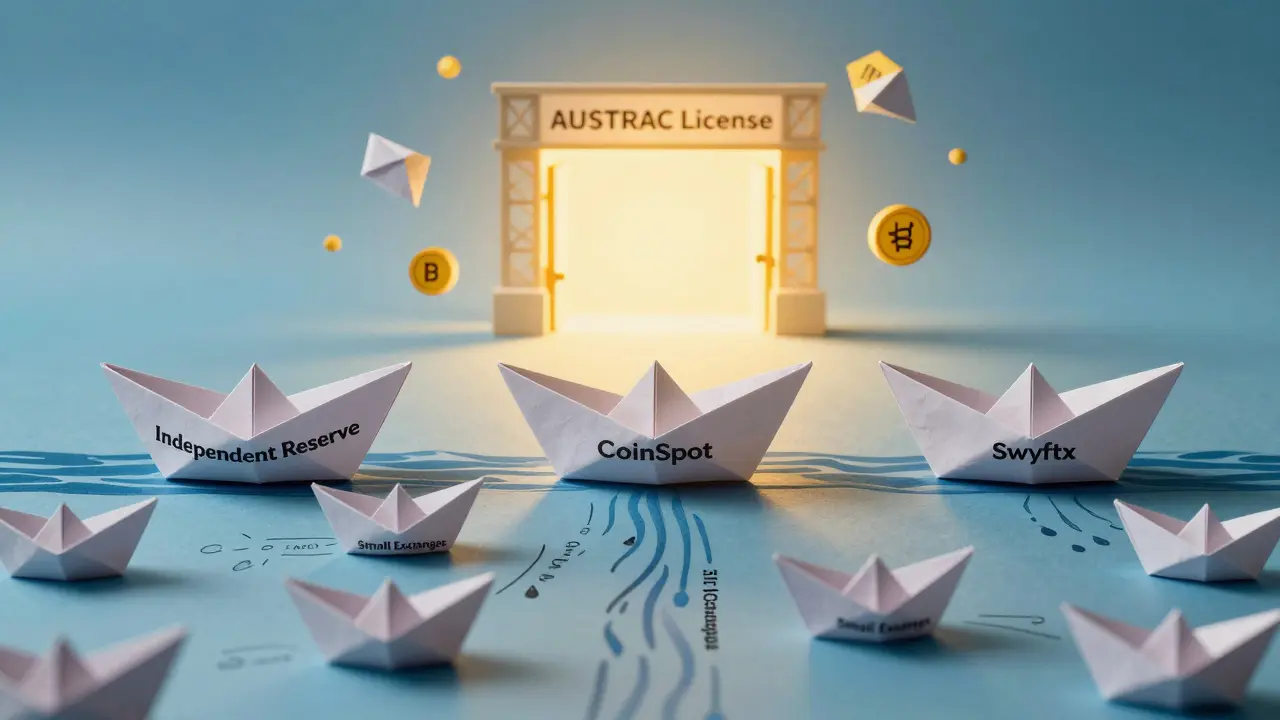 Three compliant crypto companies sailing on blockchain water, others sinking below.