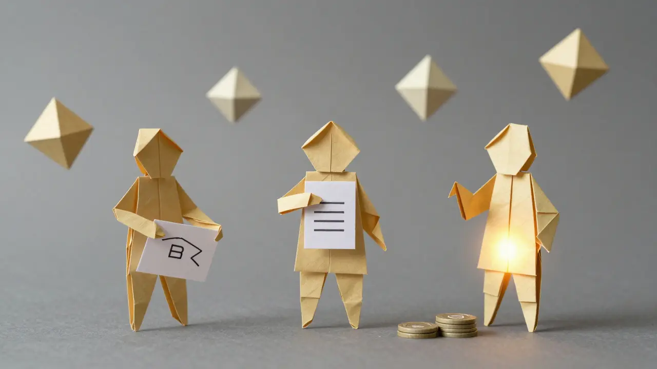 Three origami figures interacting with prediction markets and staking lanterns.