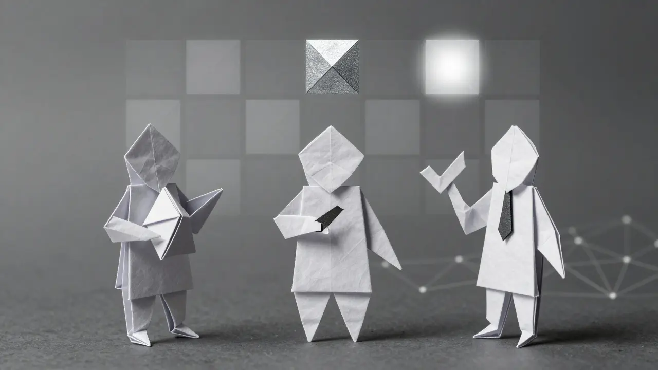 Three origami figures representing prover, verifier, and network in a blockchain fold structure.