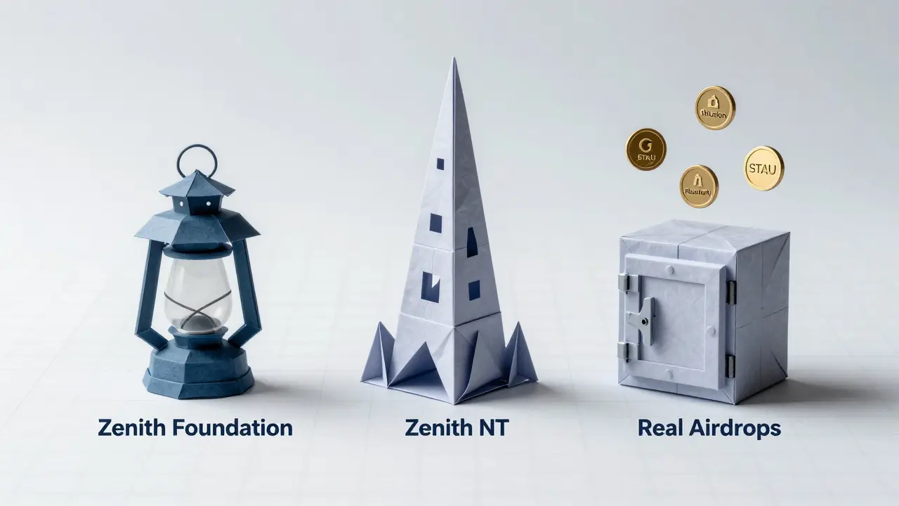 Three origami models: dead lantern, half-built tower, and locked vault with legitimate airdrop coins floating nearby.