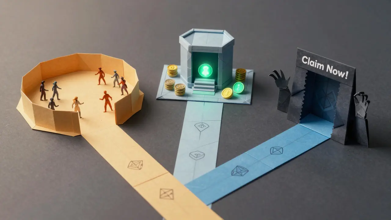 Three origami paths lead to gameplay, staking, or a scam portal — one brightly lit, others dark and jagged.