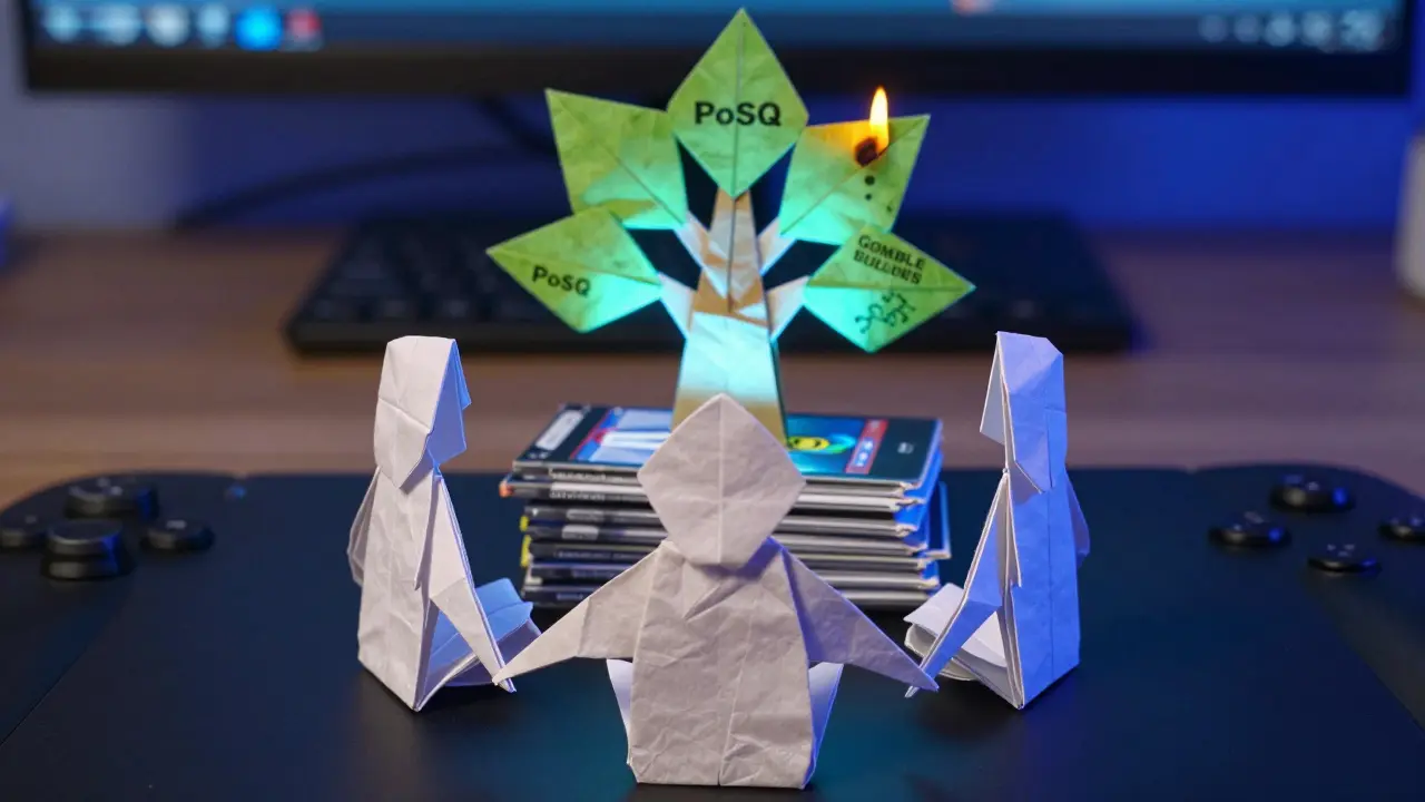 Three origami squad members form a circle, with a glowing PoSQ tree growing behind them from stacked games.