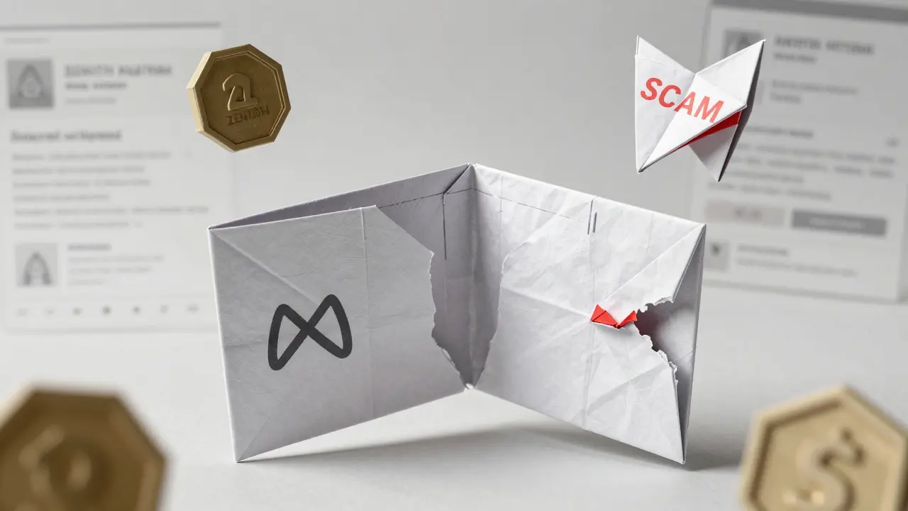 Torn paper wallet revealing emptiness, surrounded by deceptive origami tokens labeled 'SCAM'.