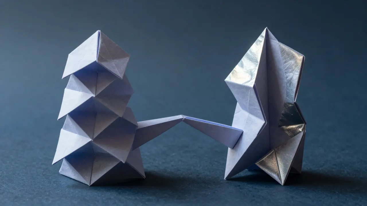 Two paper towers connected by strips representing dual tokens