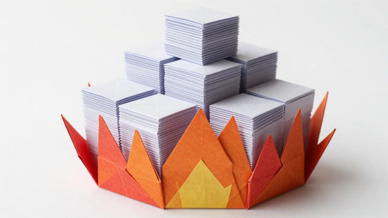 White paper coin stack dissolving into orange paper flames.