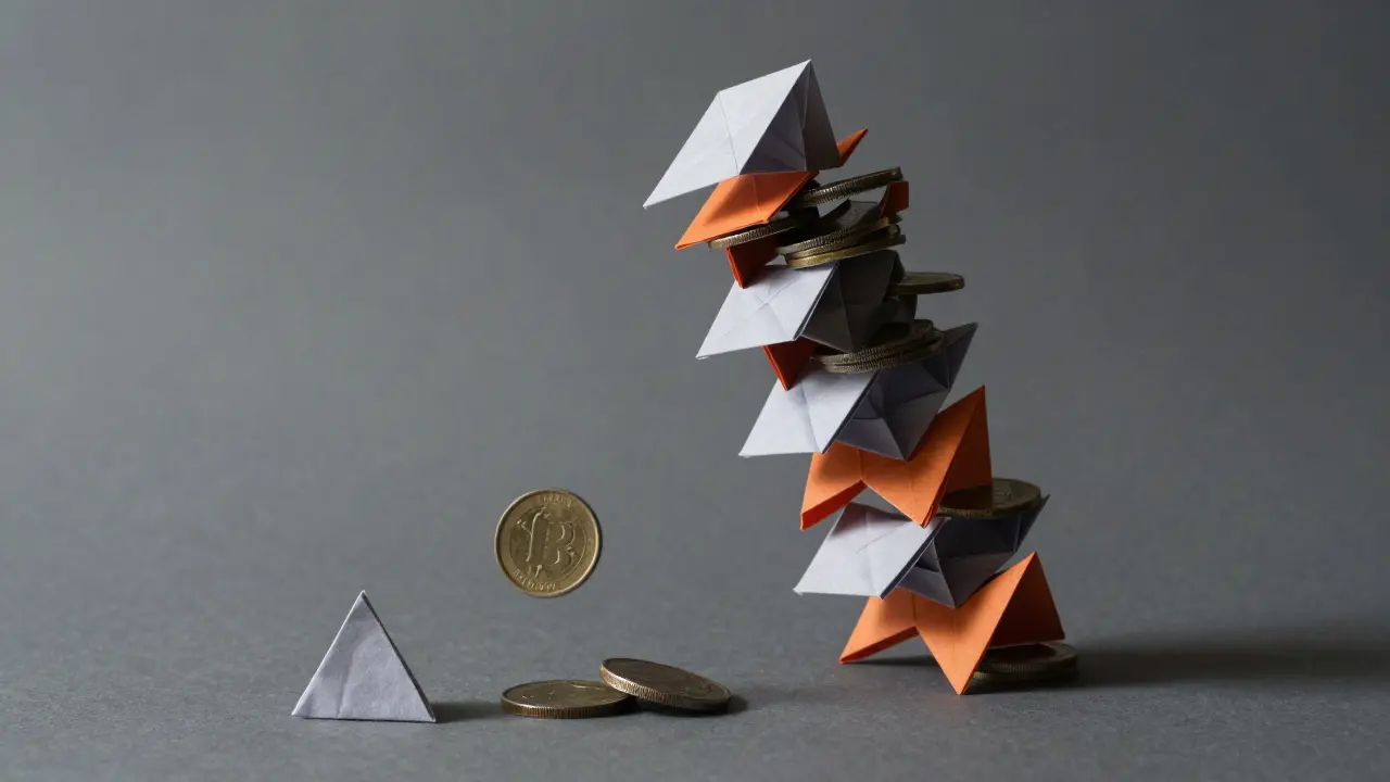 A leaning tower of origami coins symbolizing a speculative bubble