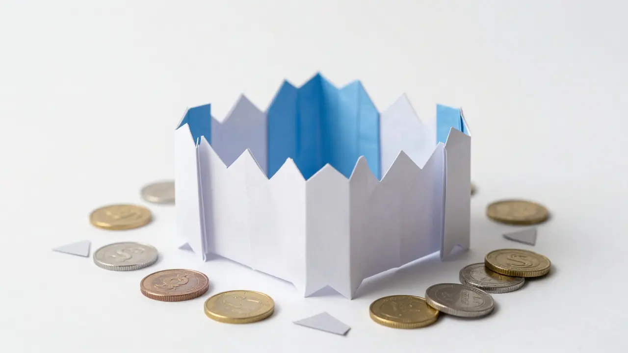 A sturdy white and blue origami fortress protecting colorful paper coins.