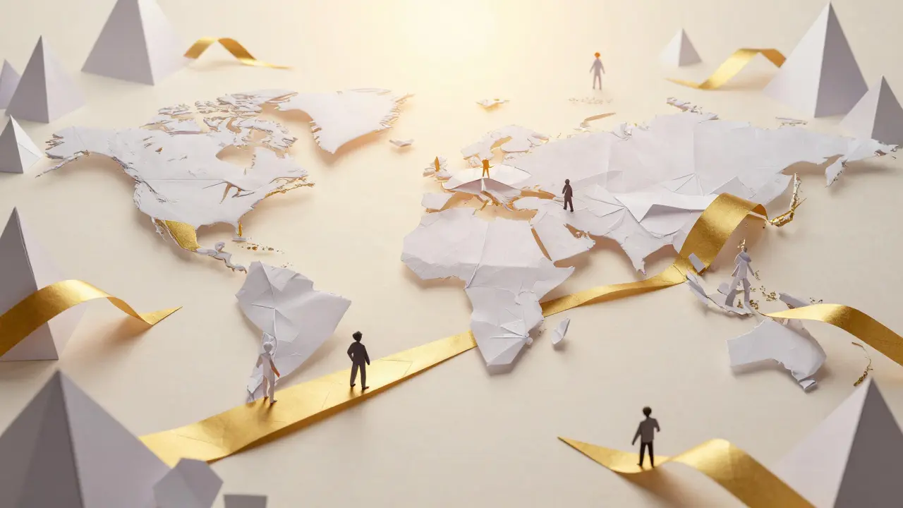 A vast decentralized metaverse landscape made of folded white and gold paper.