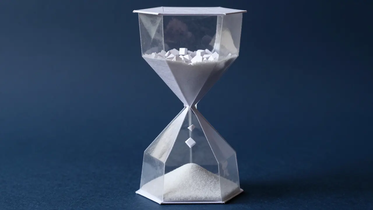 An origami hourglass with small white paper cubes trickling down against a dark background
