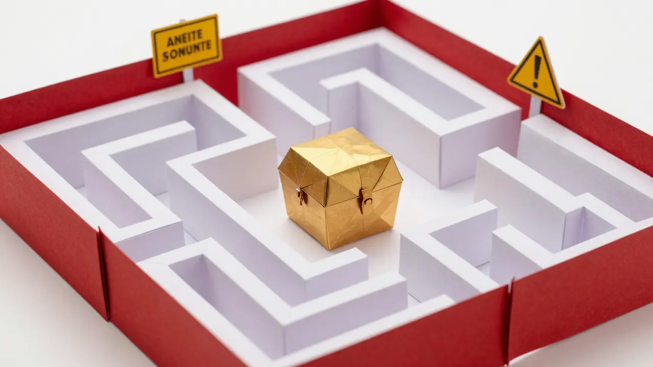 An origami paper maze with red barriers blocking a golden treasure chest.