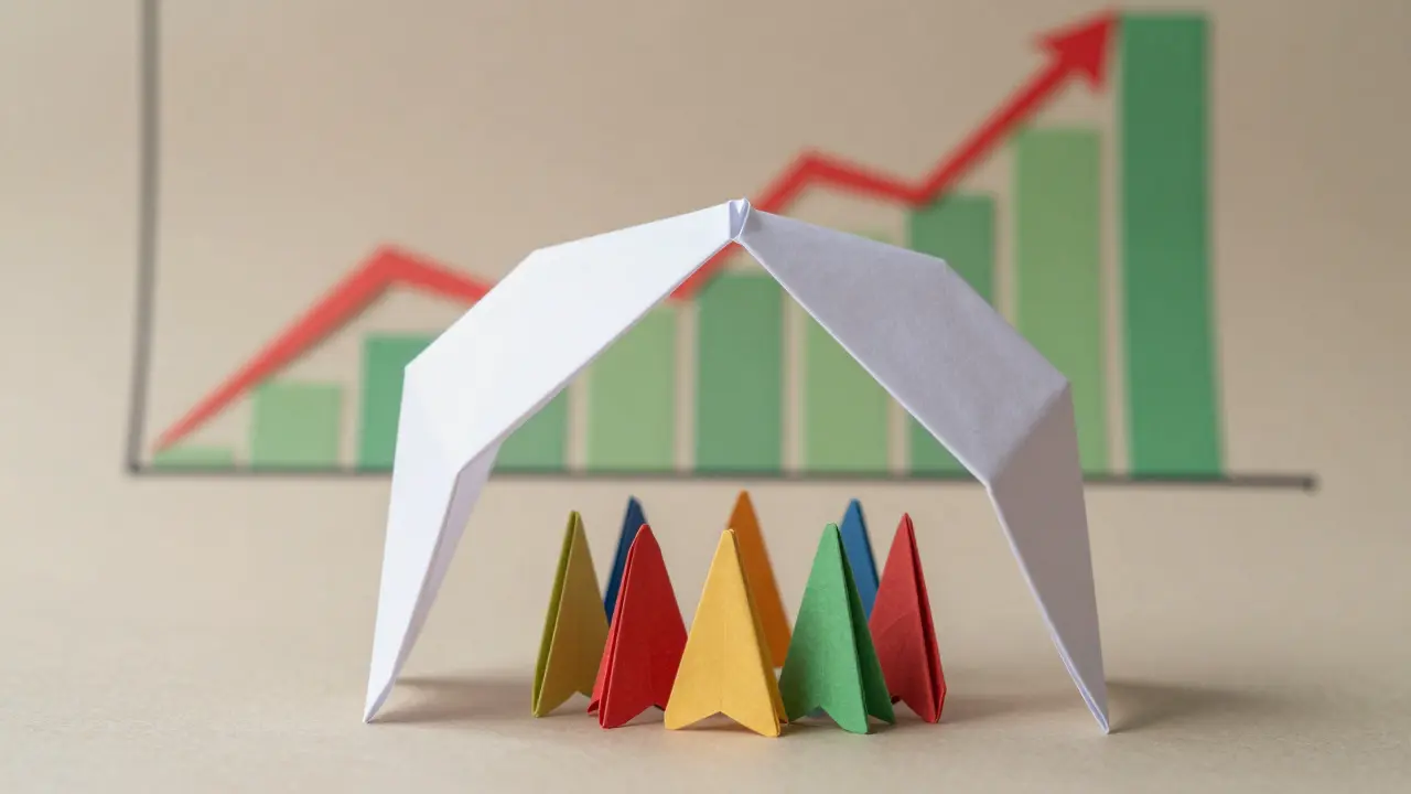 An origami shield protecting colorful paper tokens from a volatile paper chart