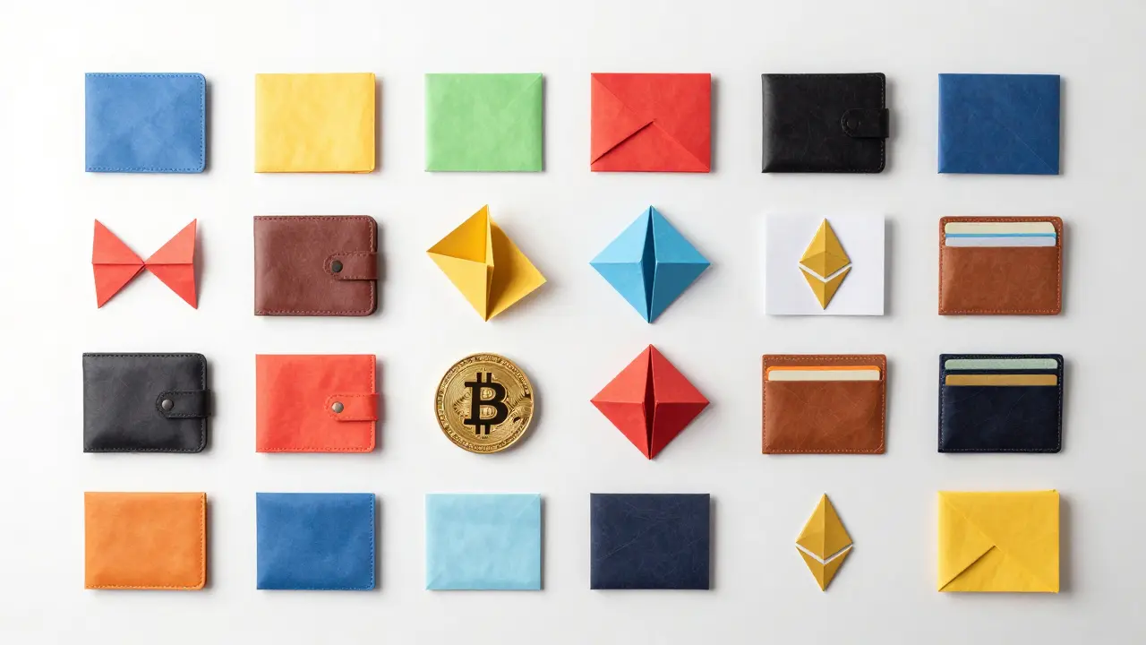 Collection of various origami style crypto wallets and cryptocurrency symbols in a flat lay.