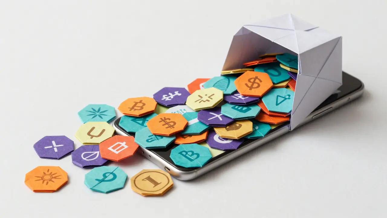 Colorful origami cryptocurrency symbols emerging from a folded paper smartphone.