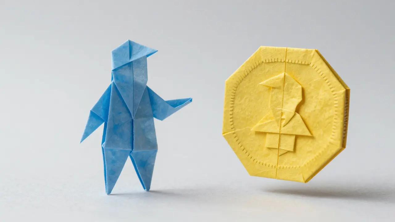 Comparison of a detailed blue origami figure and a crude yellow paper coin