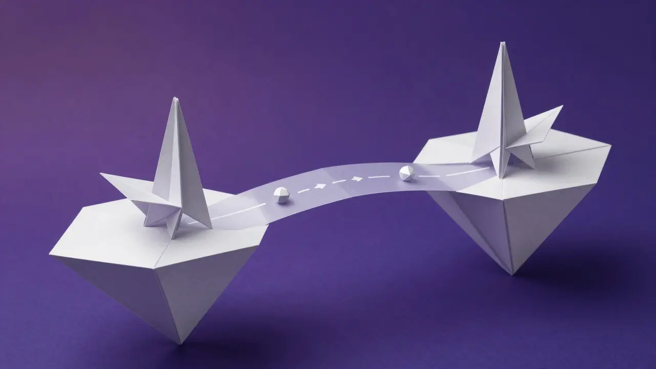 Folded paper bridge connecting two silver islands with translucent ribbons