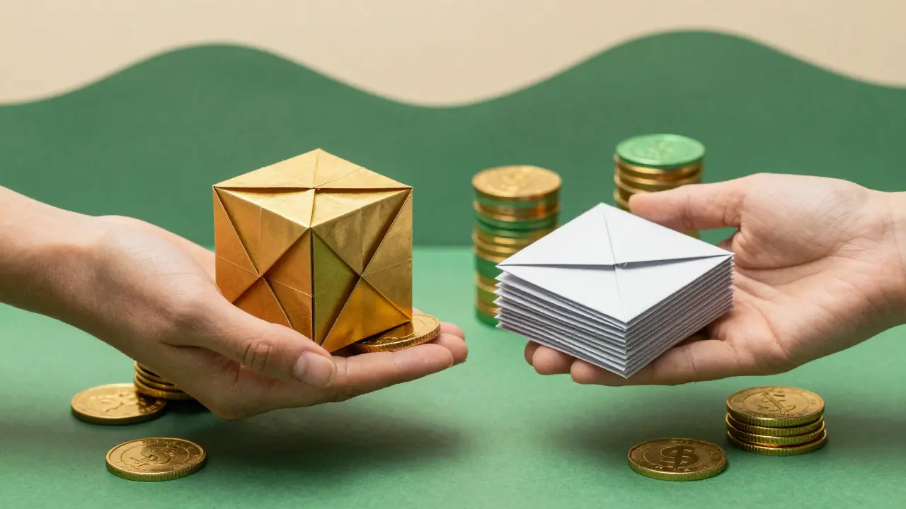 Folded paper coins exchanging between hands symbolizing cryptocurrency trading platforms.